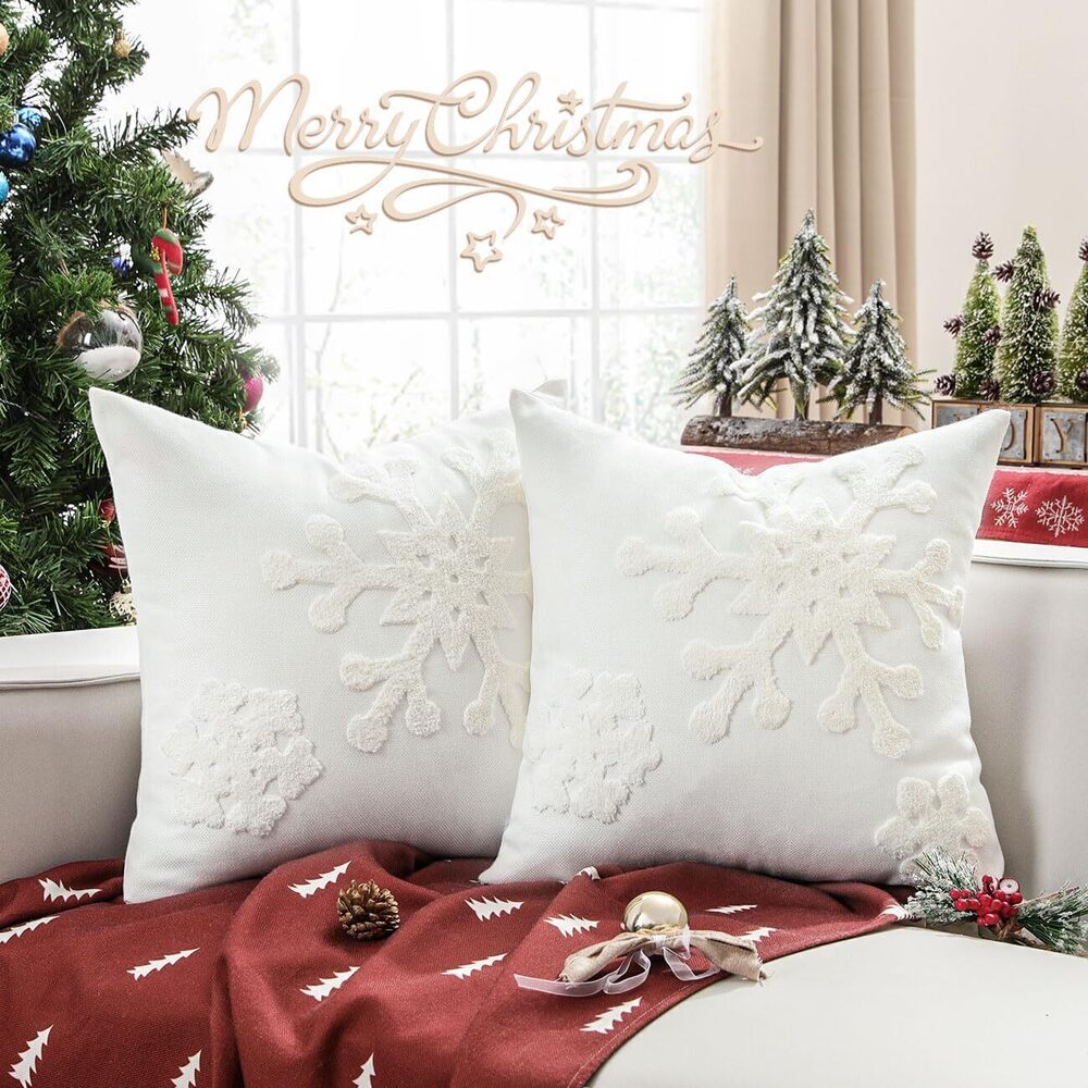 8463 Christmas Throw Pillow Cover, 2 Pack Snowflake Embroidery Decorative